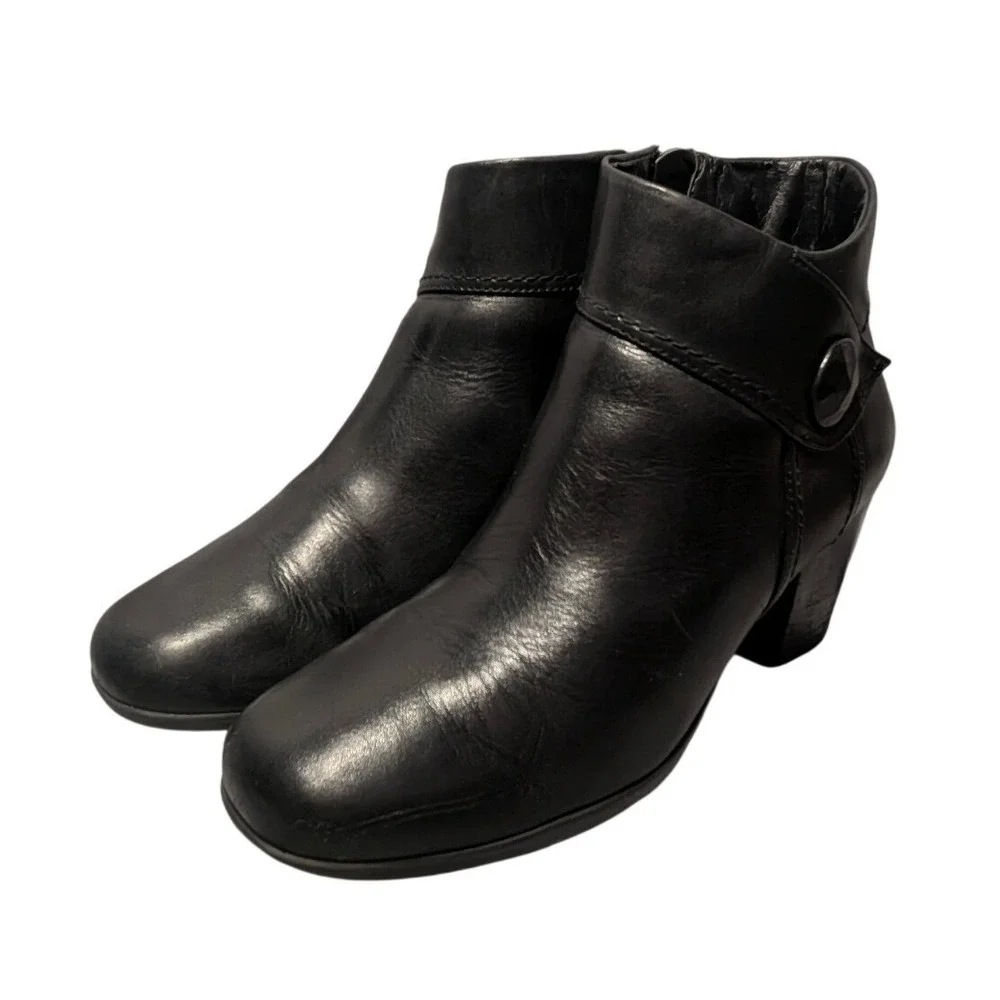 Michelle D Ankle Boots Women 8 Black Leather Button Side Zip Block Heel Booties‎